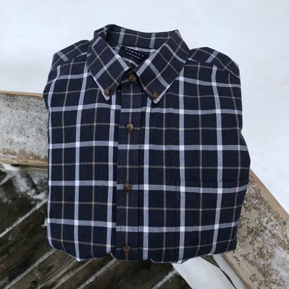 Stantt Customized Men’s Button Down Shirt 18” 💯% Cotton Navy/ Tan Plaid